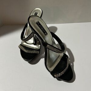 Playboy, Strappy Rhinestone 5.5" Black and Silver Heels, sz 9, Y2K